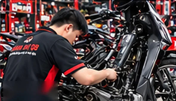 Kỹ thuật viên kiểm tra động cơ xe máy số