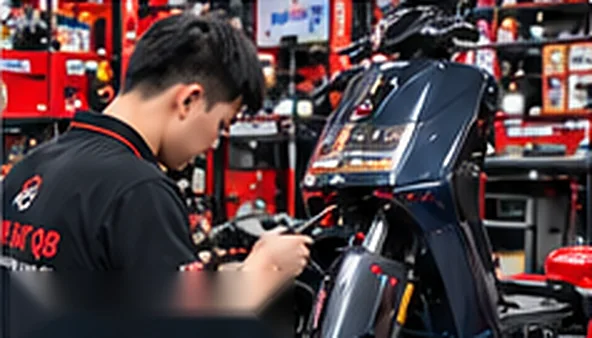 Kỹ thuật viên kiểm tra pin và bộ sạc xe máy điện