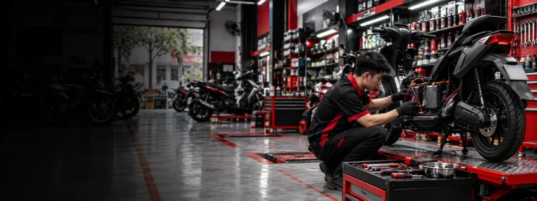 Kỹ thuật viên kiểm tra pin xe máy điện