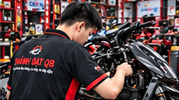 Kỹ thuật viên Thành Đạt QB đang sửa xe máy tại tiệm